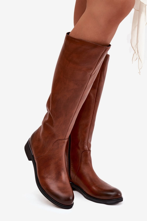 Skórzane Kozaki Damskie Na Płaskim Obcasie Ocieplane Zazoo 70150 Brązowe