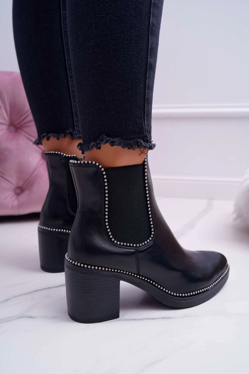 Botki Damskie Na Obcasie Z Dżetami Czarne Rhythmic