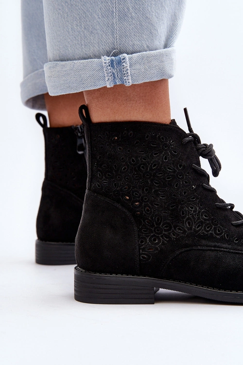 S.Barski HY66-136 Damskie Botki Ze Wzorem Czarne