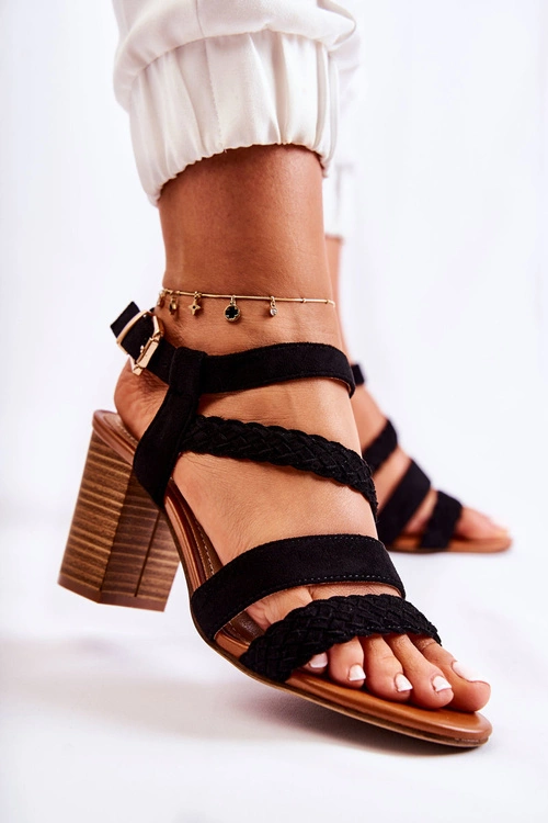 Zamszowe Damskie Sandały Na Słupku Czarne Elora