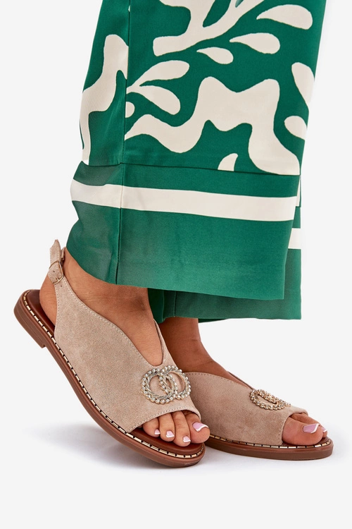 Sandały Damskie Z Ozdobą Na Płaskim Obcasie Eko Zamszowe Beżowe Ralisses