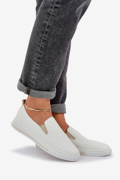 Wsuwane Eko Skórzane Damskie Tenisówki Trampki Z Napisem Jasnobeżowe Zalinne