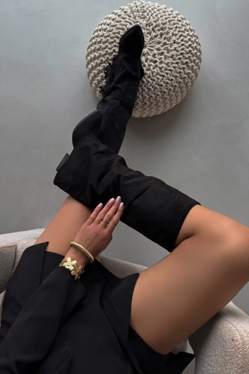 Wsuwane Kozaki Kowbojki Damskie Na Słupku Z Frędzlami Czarne Zalia