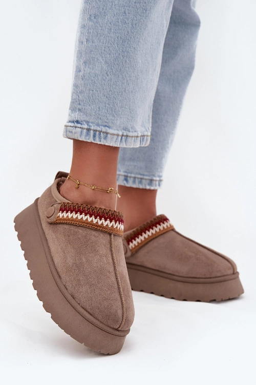 Śniegowce Damskie Niskie Z Ruchomym Paskiem I Haftem Na Platformie Ciemnobeżowe Lyrisse