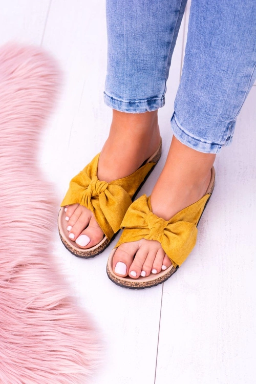 Żółte Damskie Klapki Z Kokardami Na Korku Sunshine