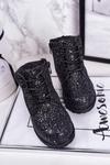 Dziecięce Brokatowe Ocieplane Botki Traperki Czarne Mermaid