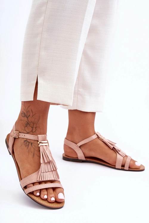 Płaskie Zamszowe Sandały Z Frędzlami Jasnoróżowe Viva