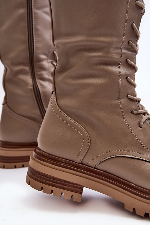 Kozaki Glany Damskie Do Połowy Łydki Sznurowane Beżowe Elavettsa