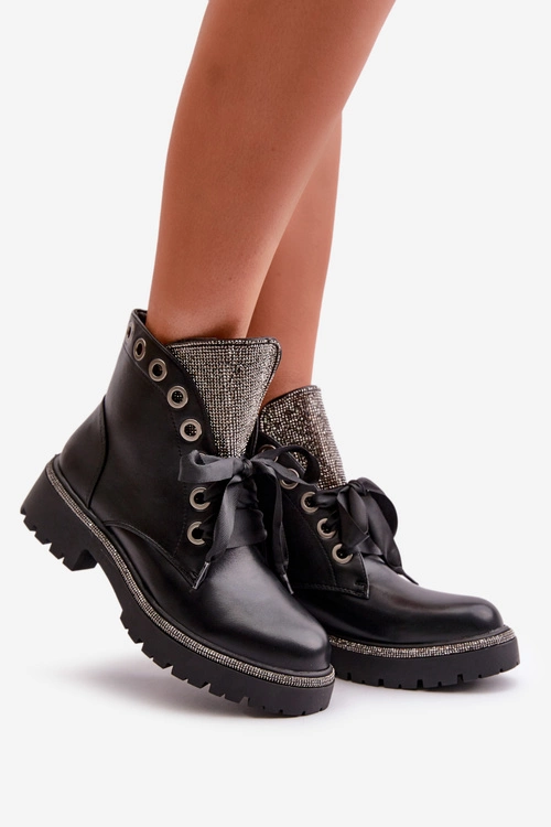 Zdobione Botki Damskie Eko Skórzane Ocieplane Czarne Rilatha