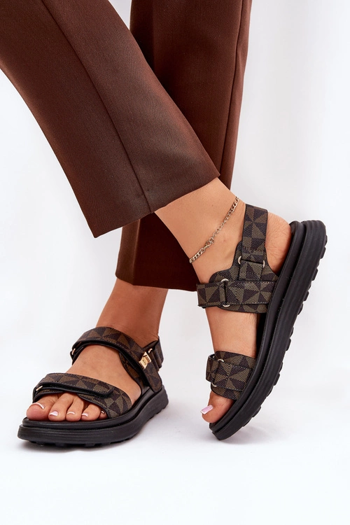 Materiałowe Sandały Damskie Na Platformie Czarno-Brązowe Leriot