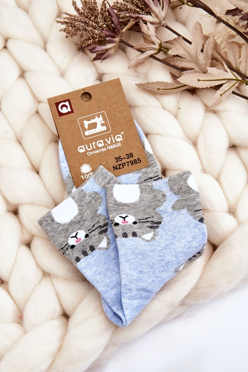 Damskie Śmieszne Skarpety Zwierzęcy Wzór Koty Niebieskie