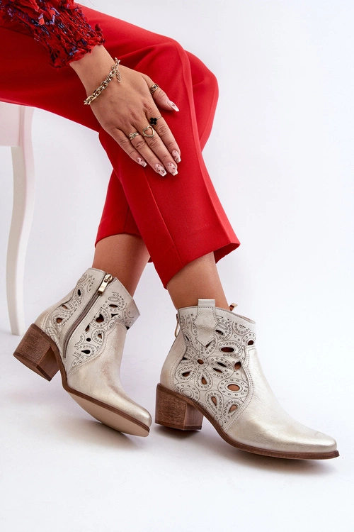 Ażurowe Botki Skórzane Lewski Shoes 3170/2 Złoty Przecierany
