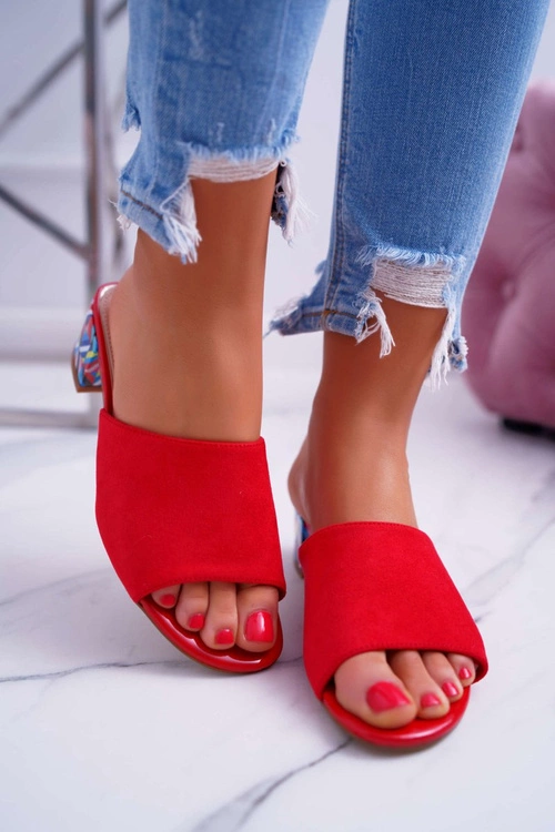 Klapki Damskie Eleganckie Na Klocku Zamszowe Czerwone Valencia