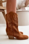 Ażurowe Damskie Botki Kowbojki Na Obcasie Camel Iceda
