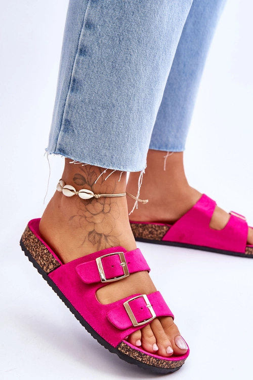 Damskie Klapki Na Korkowej Platformie Z Paskami Fuksja Doretta