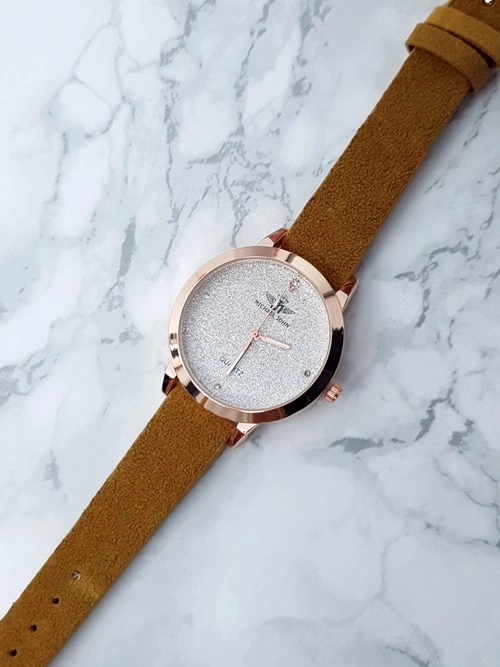 Damski Zegarek Michael John Evento Musztardowy Zamszowy Pasek Brokat