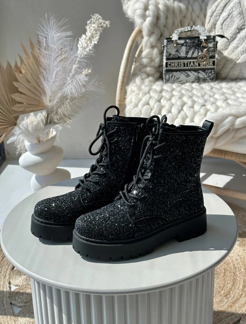 Ocieplane Botki Workery Damskie Ozdobione Cekinami Czarne Liatheine