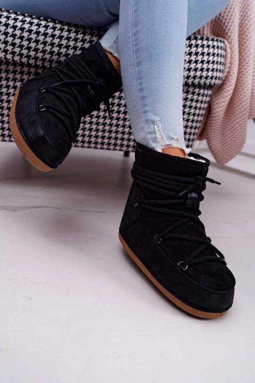 Damskie Botki Śniegowce Ocieplane Futerkiem Czarne Veme