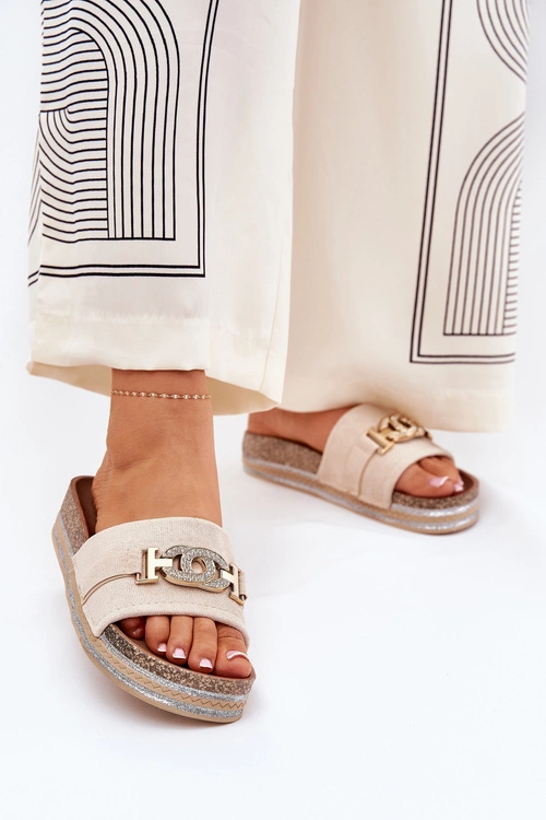 Klapki Damskie Ze Złotym Detalem Na Platformie Z Brokatem Beżowe Eanes