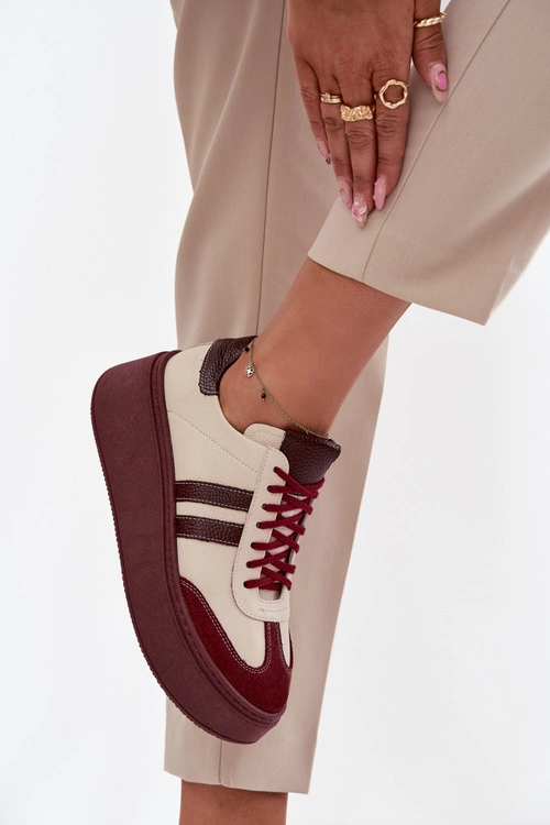 Skórzane Sneakersy Damskie Na Platformie Zazoo 3775 Beżowo-Bordowe