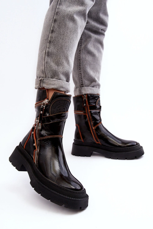 Damskie Lakierowane Skórzane Botki Z Suwakami Maciejka 06238-18 Czarne