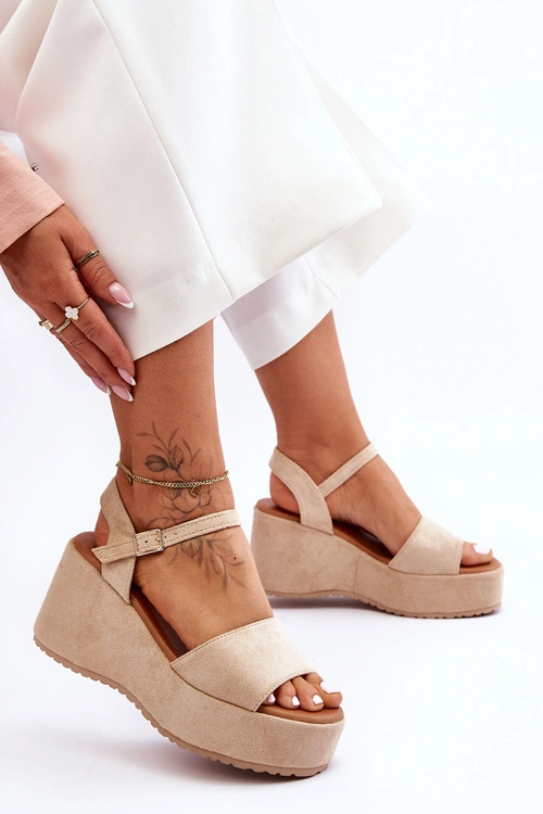 Damskie Zamszowe Sandałki Na Koturnie Beżowe Lydia