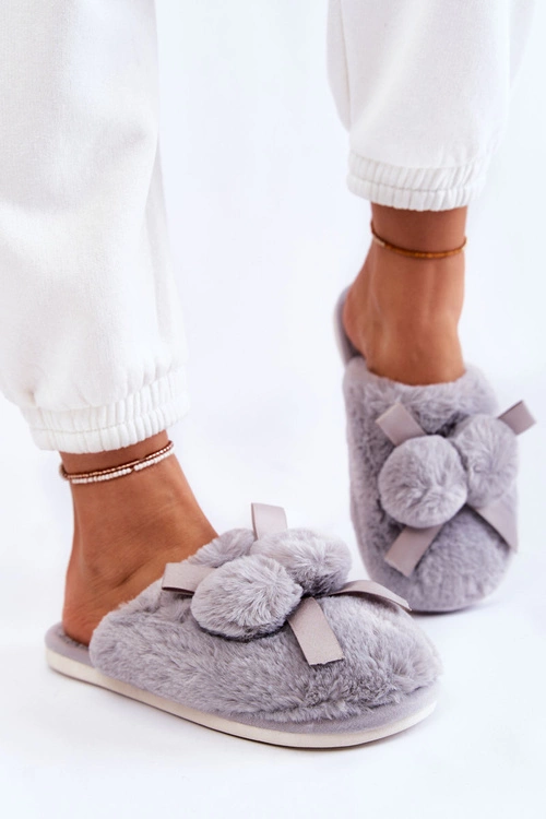 Damskie Futrzane Papcie Z Pomponami Szare Castello