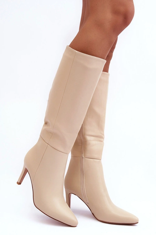 Skórzane Kozaki Na Szpilce Przed Kolano Beżowe Serpens