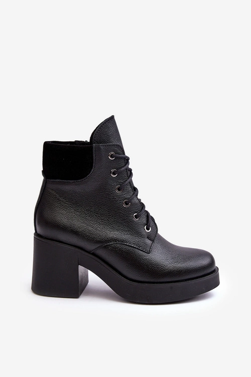 Skórzane Botki Damskie Na Słupku Czarne Lemar Leocera