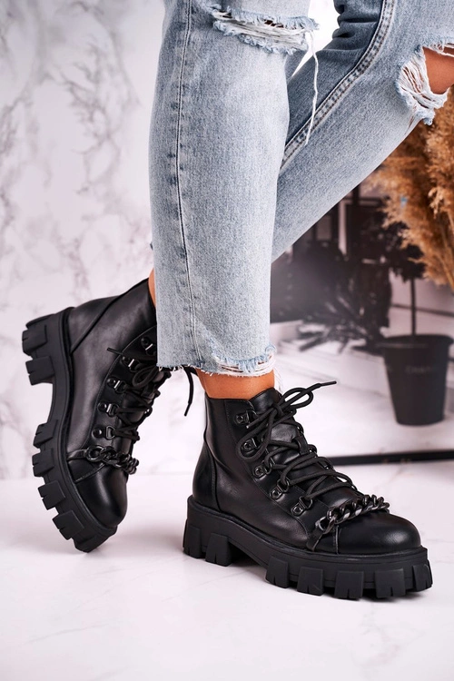 Damskie Botki Workery Na Platformie Czarne Chain