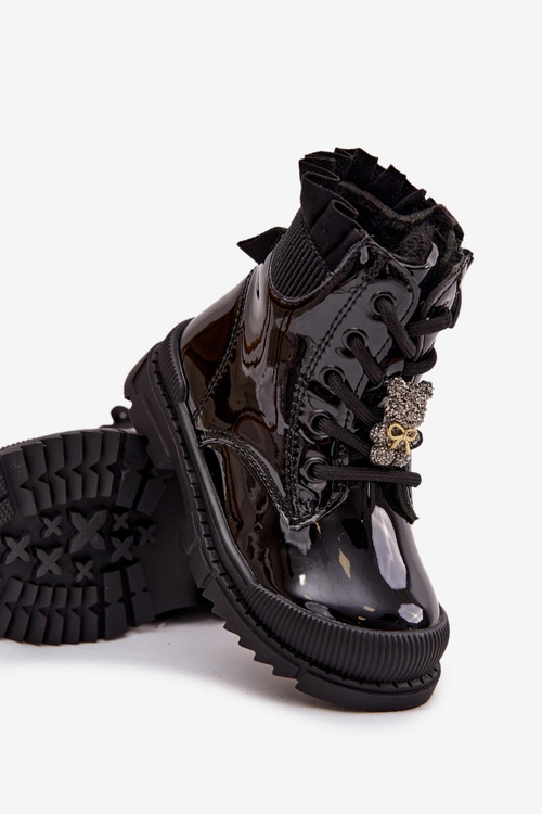 Lakierowane Botki Dziecięce Ocieplane Z Przypinką Miś Czarne Fionessa