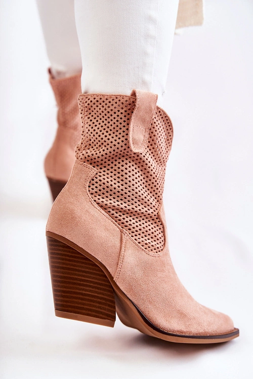 Damskie Zamszowe Ażurowe Botki Kowbojki Różowe Eleonore