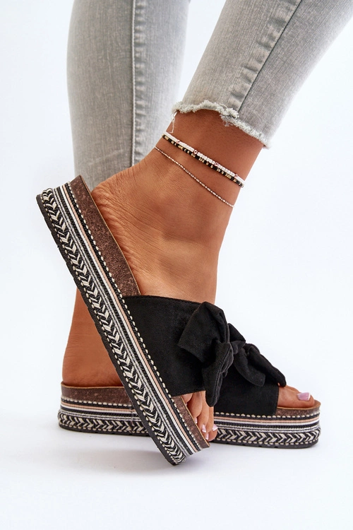 Klapki Damskie Na Platformie Z Kokardą Czarne Evatria