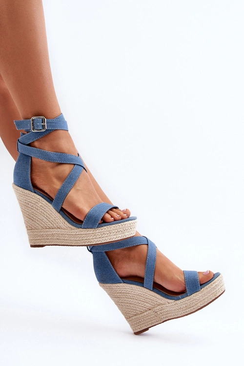 Jeansowe Sandały Na Koturnie Z Plecionką Niebieskie Salthe