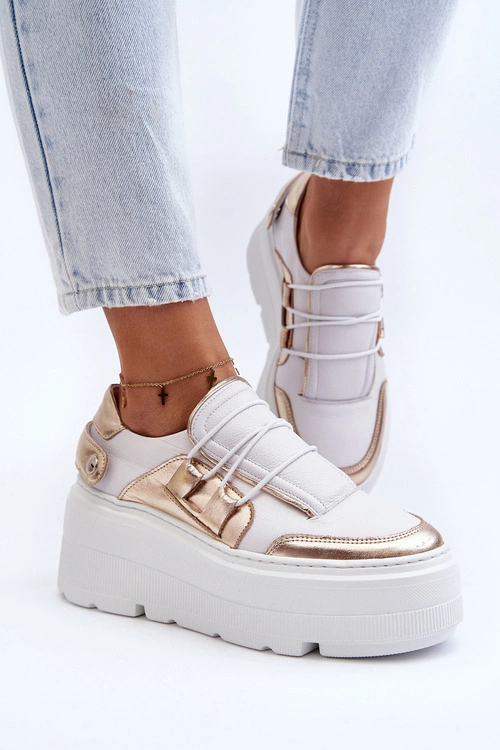 Zazoo 1833 Sneakersy Damskie Skórzane Na Masywnej Podeszwie Biało-Złote