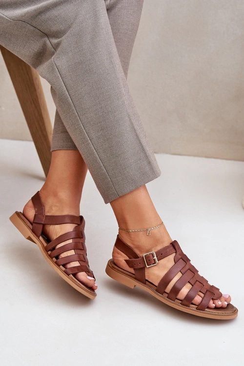 Skórzane Sandały Na Płaskim Obcasie Zazoo 3686 Brązowe