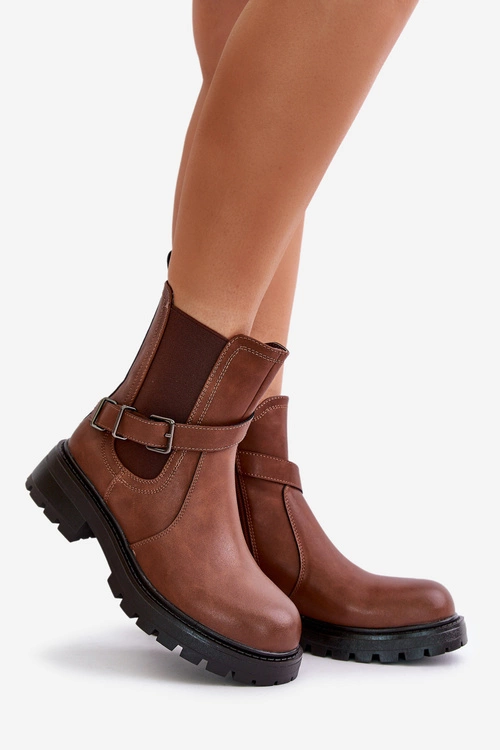 Skórzane Ocieplane Botki Sztyblety Z Paskiem Sergio Leone TR719-S Brązowe