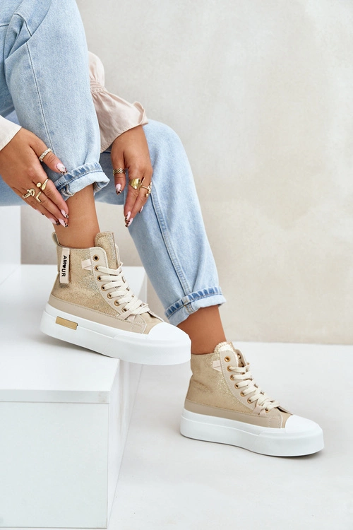 Damskie Wysokie Trampki Na Platformie Beżowo-Złote Averira