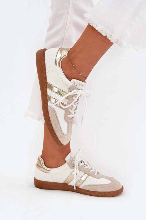 Niskie Skórzane Sneakersy Damskie Biało-Złote Ismina