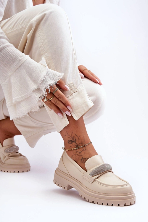 Masywne Skórzane Mokasyny Z Ozdobą Beżowe Aricka