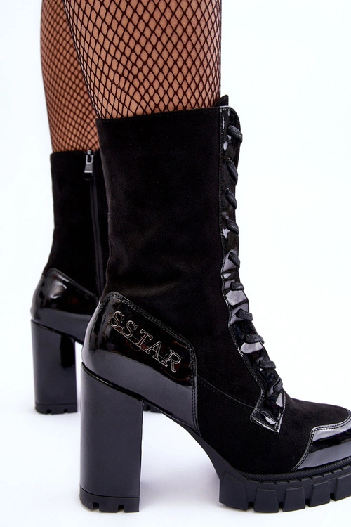 Sznurowane Skórzane Botki Na Masywnym Słupku Czarne Khariah