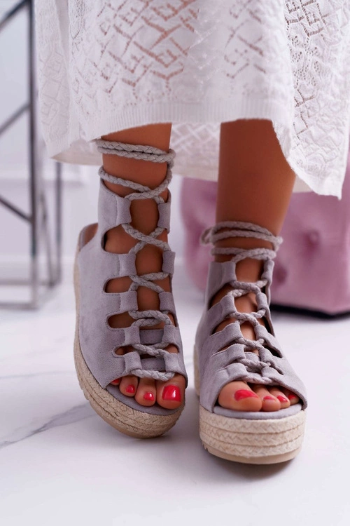 Sandały Damskie Na Platformie Z Espadrylem Sznurowane Szare Grand