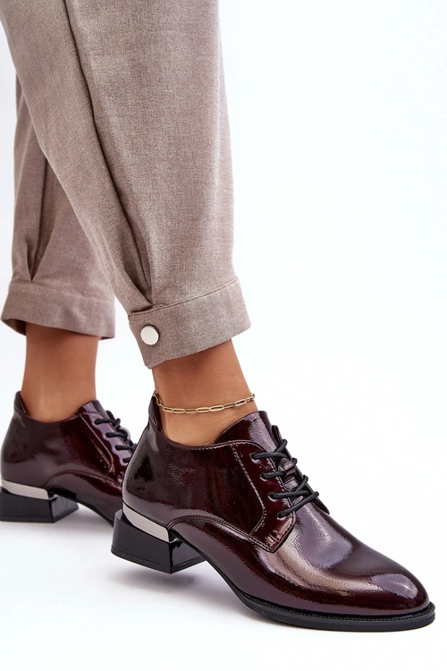 Lakierowane Półbuty Damskie Sznurowane Bordowe Banosa