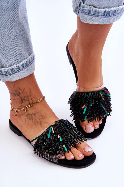 Damskie Klapki Z Modnymi Ozdobami S.Barski KV-576-4 Czarne