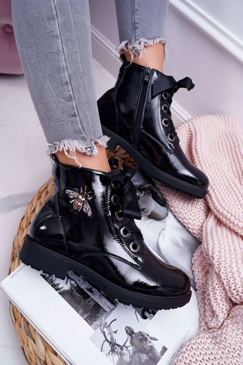 Botki Damskie Płaski Obcas Glany Lakierowane Czarne Sergio Leone BT530