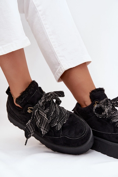 Sznurowane Śniegowce Damskie Na Platformie Ocieplane Futerkiem Czarne Tavelle