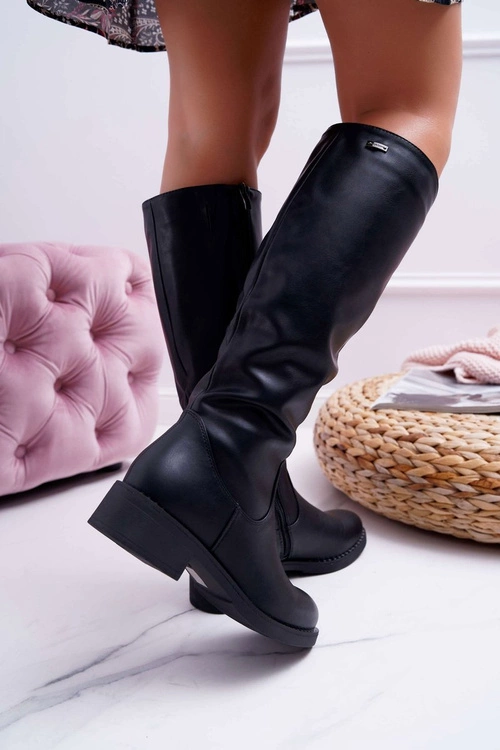 Damskie Kozaki Płaski Obcas Sergio Leone Ocieplane Czarne KZ280