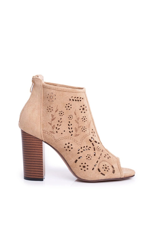 Botki Damskie Na Słupku Zamszowe Ażurowe Beżowe Papillon