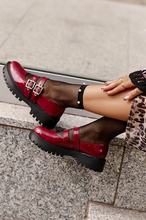 Półbuty Damskie Z Paskami Lakierowane Bordowe Terione