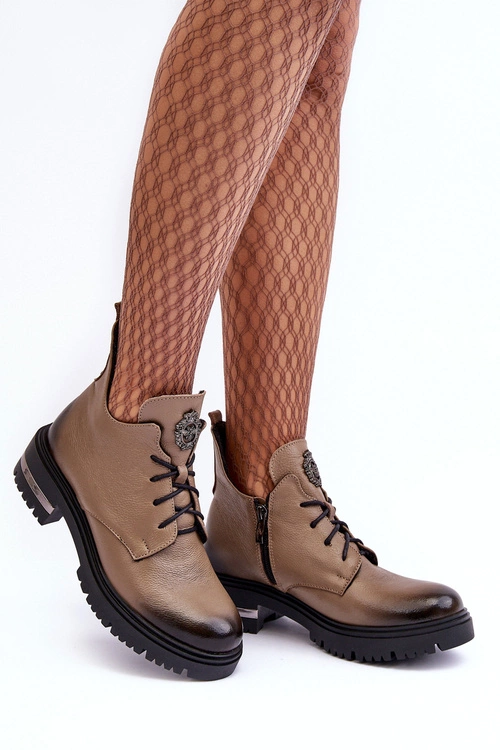 Damskie Skórzane Botki Na Płaskim Obcasie Beżowe Lemar Charline